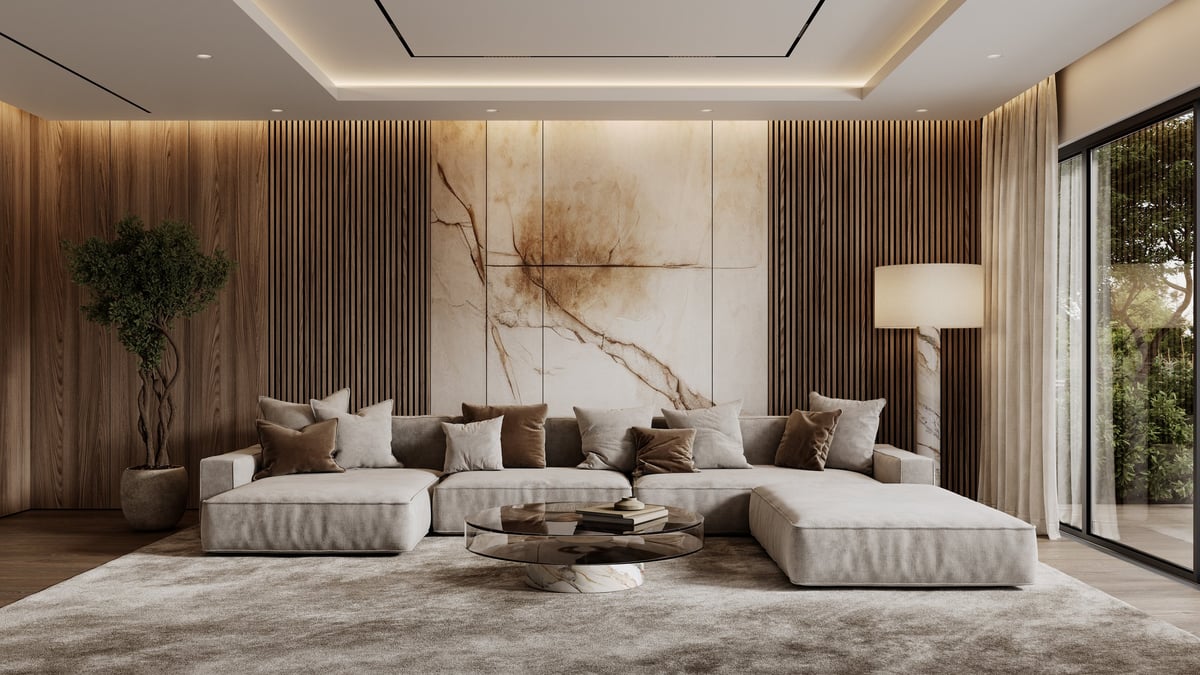 Contemporary interior with a sofa, wood wall panels and a floor lamp