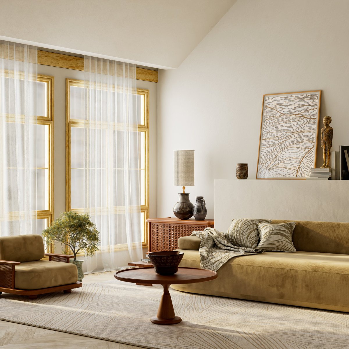 Warm Japandi interior with wooden furniture and soft natural light